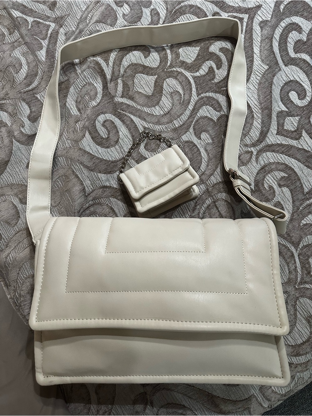 Cream Quilted Flap Crossbody Bag with Mini Coin Pouch